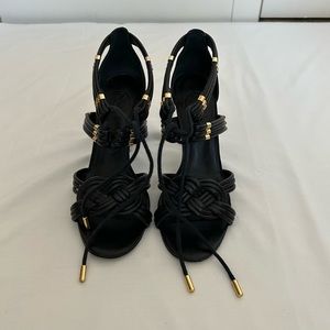 Tory Burch Black and Gold Lace up Heel Sandals